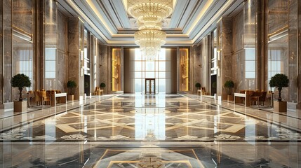 Obraz premium Luxury hotel lobby with chandelier and elegant marble flooring. copy space for text.