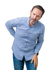 Fototapeta premium Handsome middle age elegant senior man over isolated background Suffering of backache, touching back with hand, muscular pain