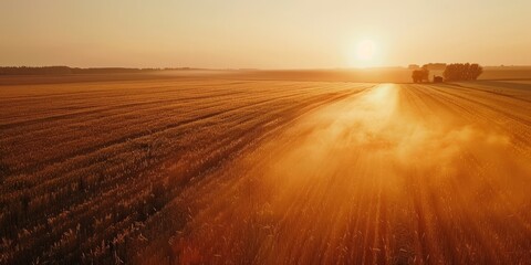Aerial View of a Combine Harvester Working in a Wheat Field at Sunset