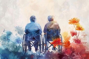 Watercolor elderly patient care with investment growth, realistic, composite, nursing home backdrop