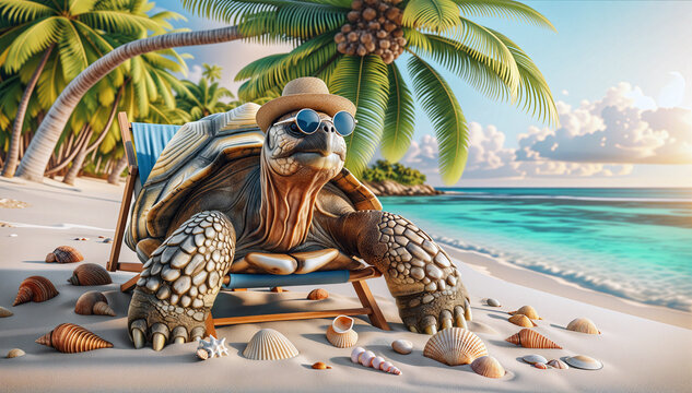 A Cool Turtle Enjoying a Sunny Beach Vacation Amidst Palm Trees and Seashells.