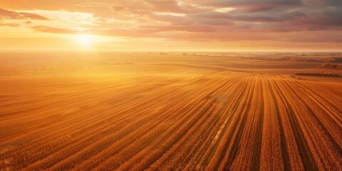 Fototapeta premium Aerial View of Golden Fields at Sunset During Harvest
