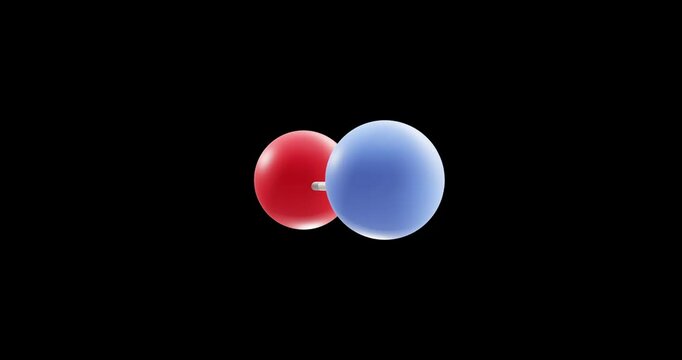 Nitric oxide molecule, rotating 3D model of nitrogen oxide, looped video on a black background
