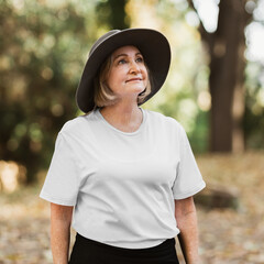 Png t-shirt mockup on senior woman, ready for an adventure