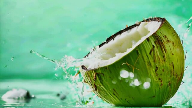 Refreshing Coconut with Water Splash. A halved coconut with water splashing out, suggesting refreshment and tropical vibes. Seamless looping video background animation. Generated with AI