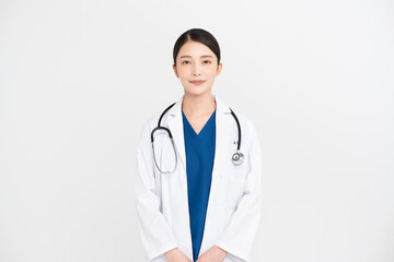 女性医師のポートレート/スタジオ撮影白背景、ジェスチャー