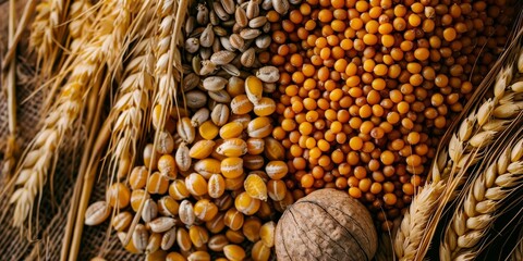 Naklejka premium Golden Harvest of Wheat, Corn, and Mustard Seeds Close Up
