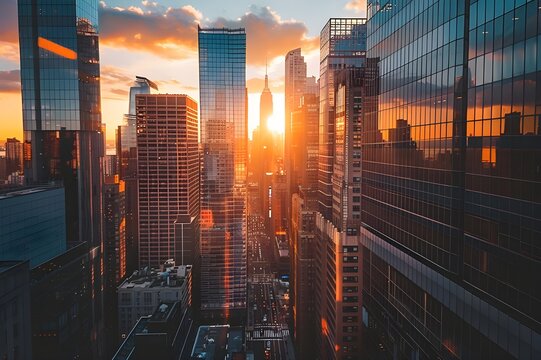 Urban cityscape at sunset with tall skyscrapers