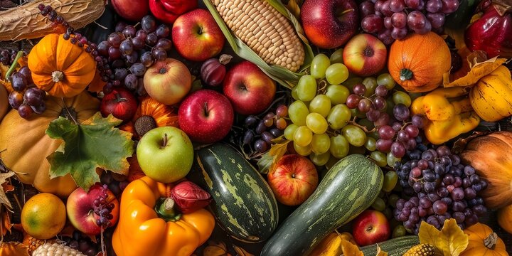 Abundant Fall Harvest Display With Pumpkins, Grapes, and Apples