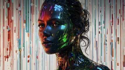 high quality, 8K Ultra HD, Imagine a vibrant canvas illuminated by a cascade of colorful binary code, forming the silhouette of a captivating woman, The dynamic lines and patterns, reminiscent