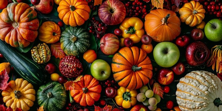 Autumn Harvest Abundance: A Top View of Fresh Fruits and Vegetables