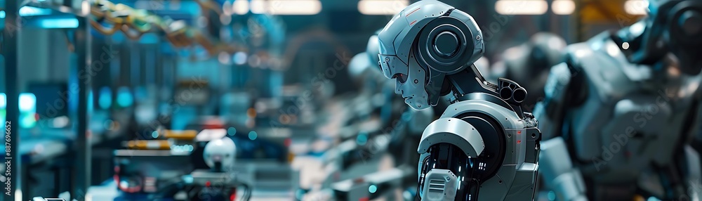 Poster futuristic robot in a factory setting 3d illustration