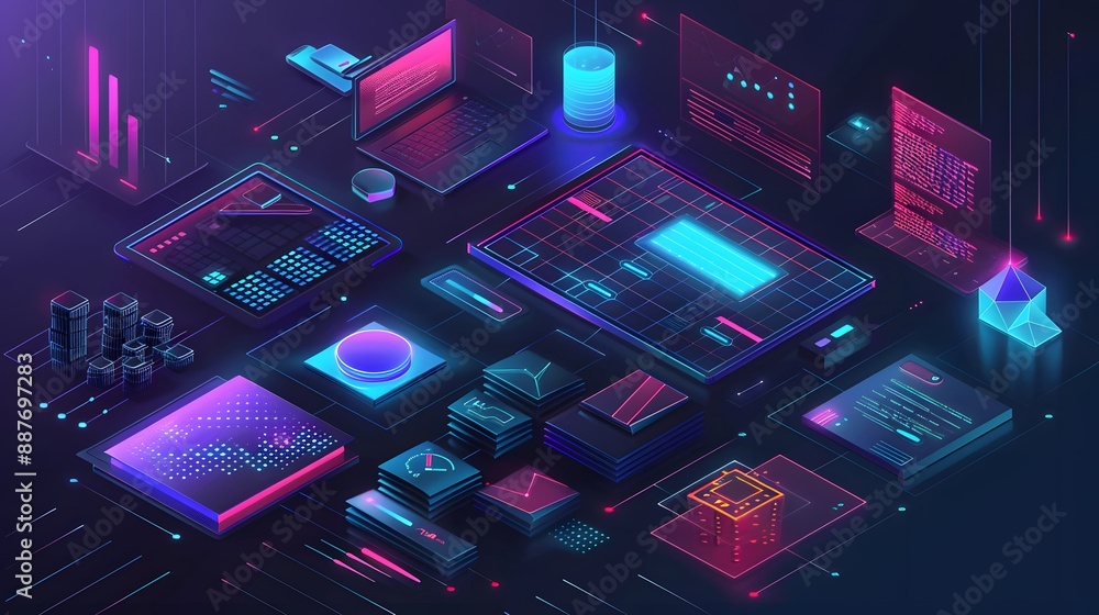 Fototapete A creative studio where users design applications and automate processes using low-code/no-code platforms, featuring drag-and-drop interfaces and interactive digital elements