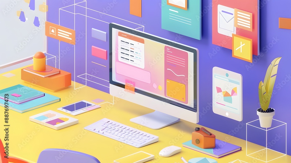 Fototapete A creative studio where users design applications and automate processes using low-code/no-code platforms, featuring drag-and-drop interfaces and interactive digital elements