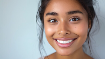 Fototapeta premium Against a white background is a close-up portrait photo of a beautiful young woman of Asian descent smiling with flawless teeth. 