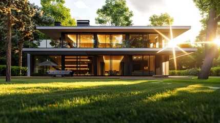 Fototapeta premium Modern villa with large glass windows and terrace, lawn in front of the house, sunlight shining through trees, close-up view of grass from side angle. copy space for text.