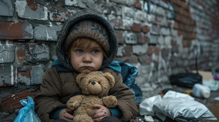 A young child sits against a brick wall, clutching a teddy bear
