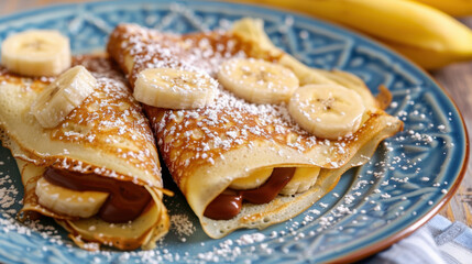 French crepes with sliced bananas and chocolate spread dusted with powdered sugar on a decorative blue plate