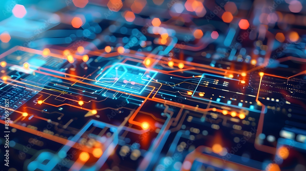 Fototapete A tech hub where different software systems are connected through APIs, enabling seamless data exchange and automation, with digital interfaces displaying interconnected applications