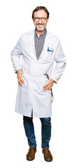 Fototapeta premium Middle age doctor men wearing medical coat winking looking at the camera with sexy expression, cheerful and happy face.