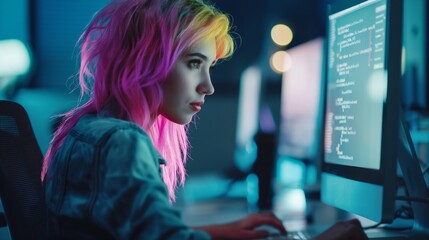  Young Stylish Woman in Working on Desktop Computer. Colorful Haired Girl Digital Entrepreneur Creating Modern Software