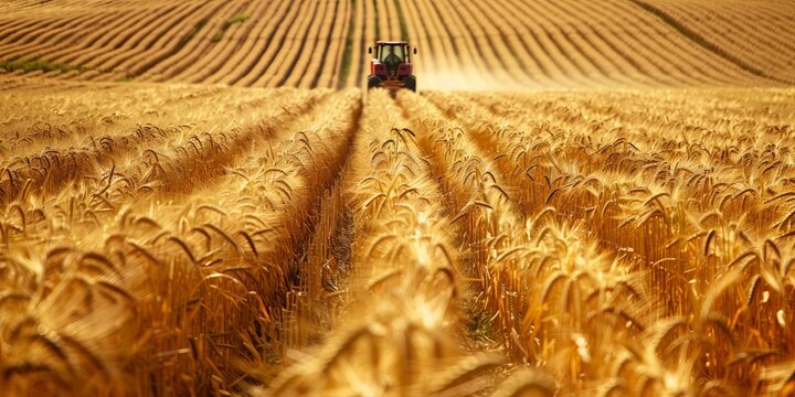 Tractor Harvesting Golden Wheat in a Rolling Field