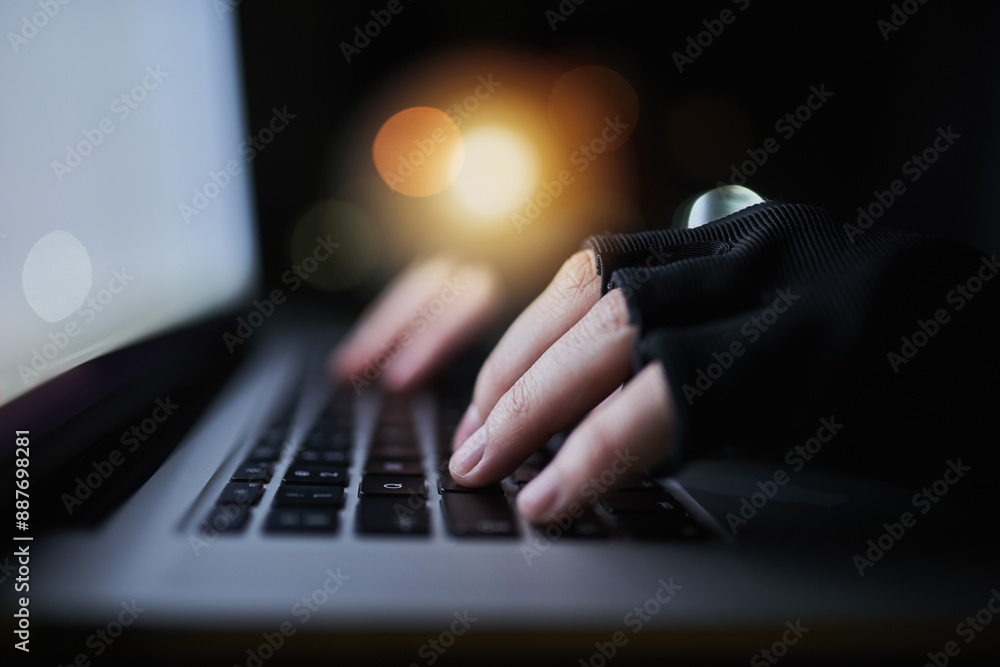 Poster hacker, typing and hands of person on computer for malware virus, online banking fraud and identity 