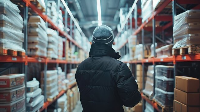 A worker wearing a winter jacket and beanie walking through a well-organized warehouse aisle, lined with various goods on shelves. Highlights inventory management, logistics, and seasonal operations.