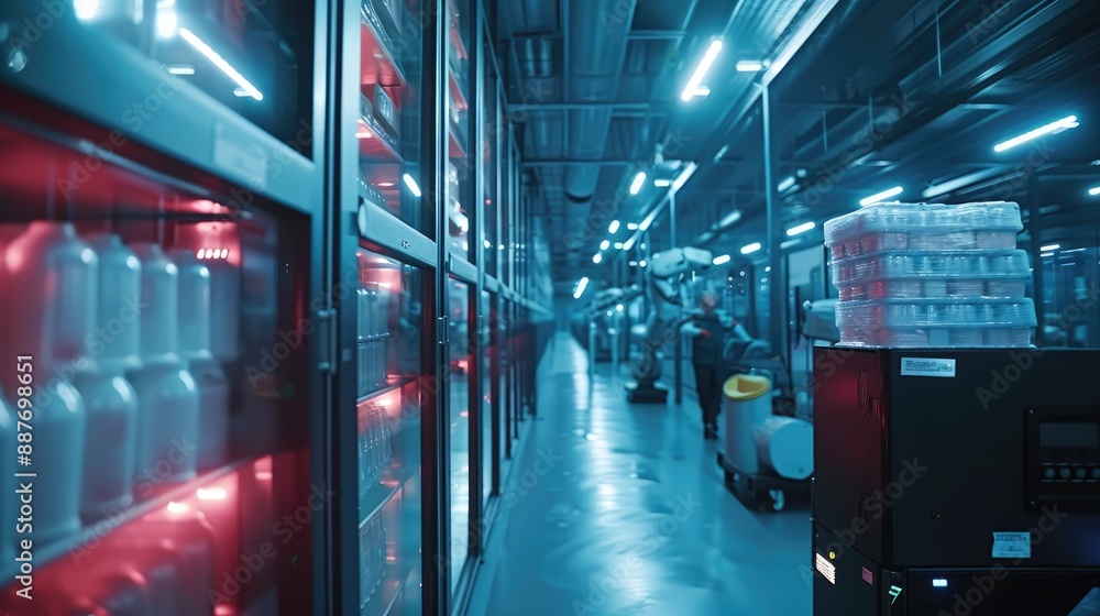 Poster a dimly lit industrial warehouse with shelves filled with products and automated machines in operati