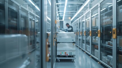 Fototapeta premium A cold storage room with automated robotic systems sorting and moving boxes of frozen items, with a technician monitoring the process from a control panel.
