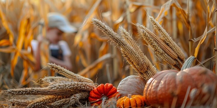 Autumn Harvest: Pumpkins and Corn in a Golden Field