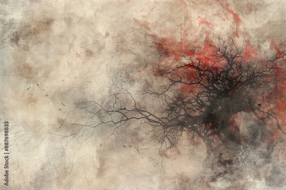 Aufkleber dark abstract tree with red and black branches on textured background for artistic nature-inspired d