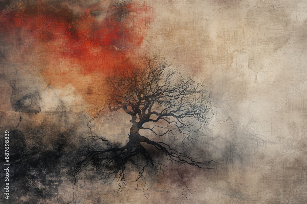 Aufkleber artistic abstract tree with red and black branches on a textured background for creative nature-insp