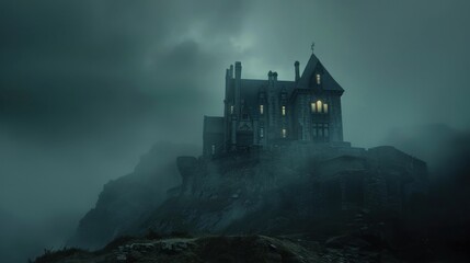 Creepy castle on a hill, dense fog, glowing eyes in windows, supernatural feel, wide shot, dark shadows