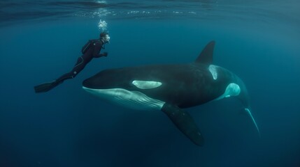 Obraz premium One man swimming with a terrifyingly huge killer whale that covers the whole ocean encountered underwater