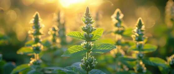 Field in the countryside, young Withania plant, dicotyledonous traits evident, warm sunlight, natural beauty, serene and calm