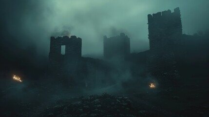Fototapeta premium Dark medieval fortress, foggy landscape, flickering torches, ghostly aura, wide shot, eerie vibe,