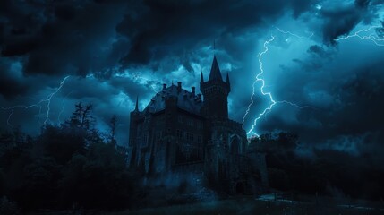 Fototapeta premium Dark castle on a stormy night, illuminated by lightning, ominous atmosphere, wide shot, eerie surroundings,