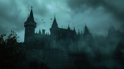 Spooky medieval castle, foggy environment, bats flying, sinister ambiance, wide shot, dark clouds,