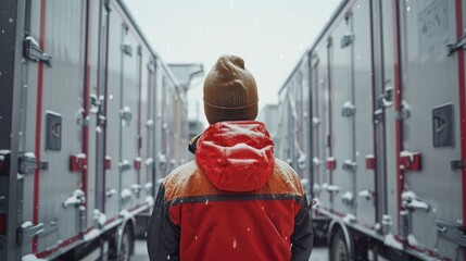 Fototapeta premium A worker in a high-visibility vest stands outside in snowy weather, overseeing the loading and unloading of trucks. Highlights logistics, transportation, and operations in challenging conditions.