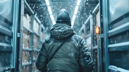 Truck driver in heavy-duty winter clothing stands between containers of refrigerated truck after loading frozen goods from cold storage facility, preparing for a long-distance delivery.