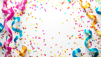 Obraz premium Colorful confetti and ribbons on white background. Birthday celebration template.
