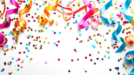 Obraz premium Colorful confetti and ribbons on white background. Birthday celebration template.