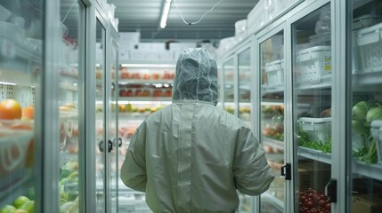 A worker in protective clothing walking through a refrigerated storage room filled with fresh produce. Highlights food safety, cold chain logistics, and proper storage techniques.