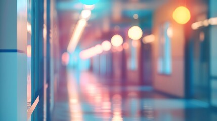 Naklejka premium An office corridor captured in soft focus, creating a blurred perspective with depth. The contemporary interior design features minimalist architecture and trendy decor.