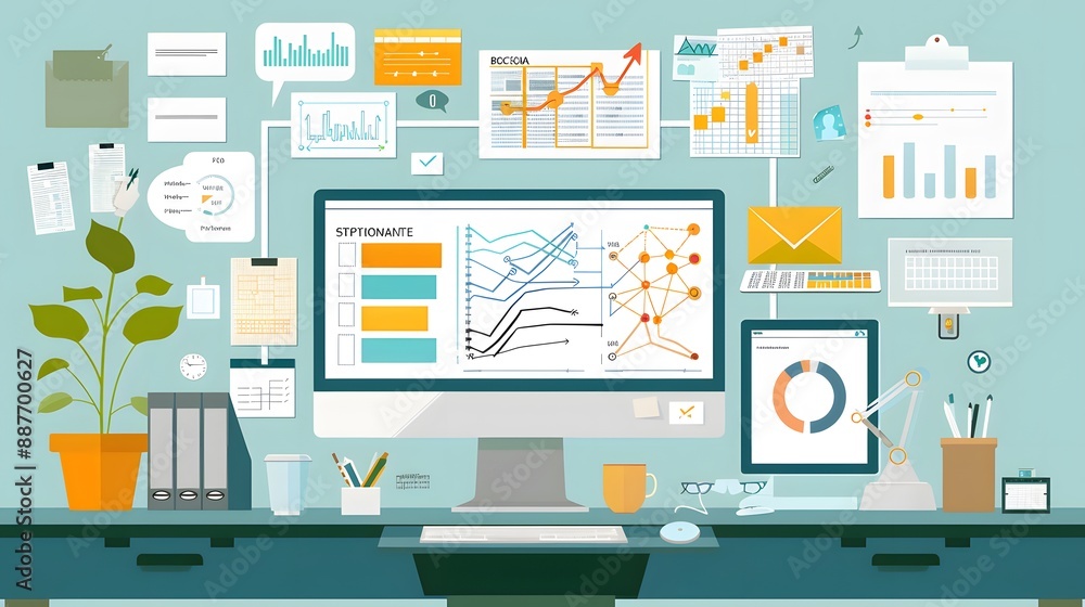 Poster an organized office with digital tools and flowcharts displaying the systematic approach to enhancin