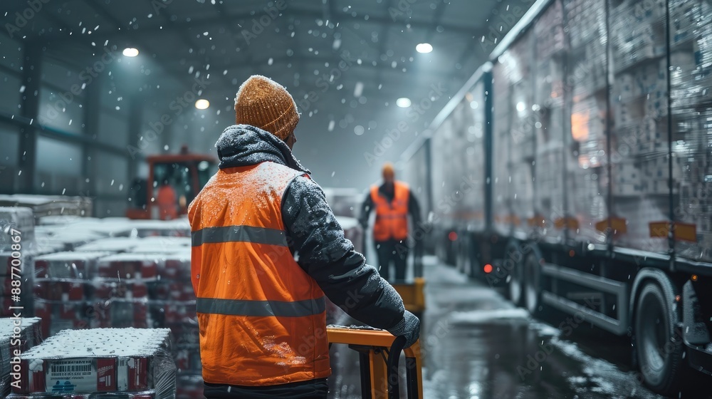 Fototapete workers in high-visibility vests and winter gear manage the loading and unloading of trucks in a col