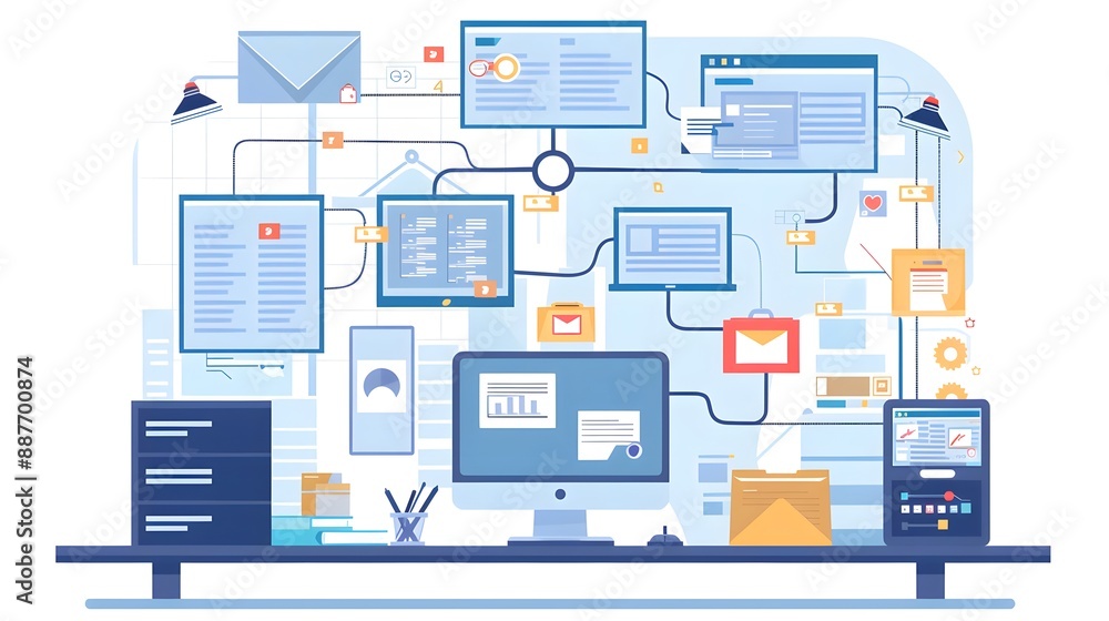 Poster an organized office with digital tools and flowcharts displaying the systematic approach to enhancin