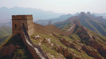 The Great Wall, surrounded by lush green forests and steep mountain slopes, creates an extraordinary image against the background of the landscape.