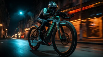 Night city cycling  rider in helmet on road bike with neon light trails for speed effect